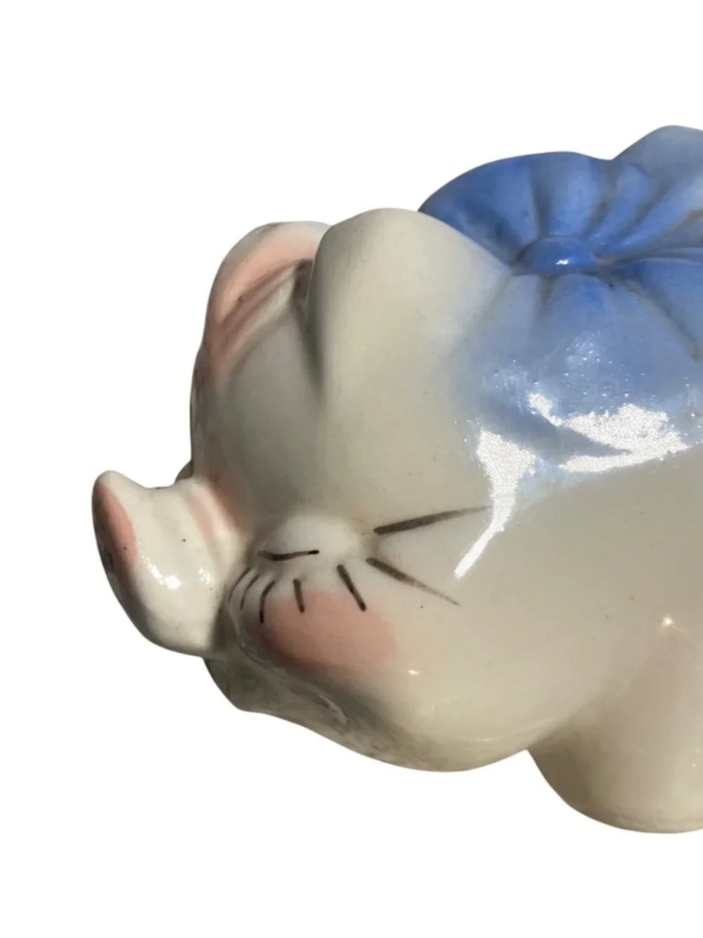 Vintage Ceramic Piggy Bank With Blue Bow and Pink Accents